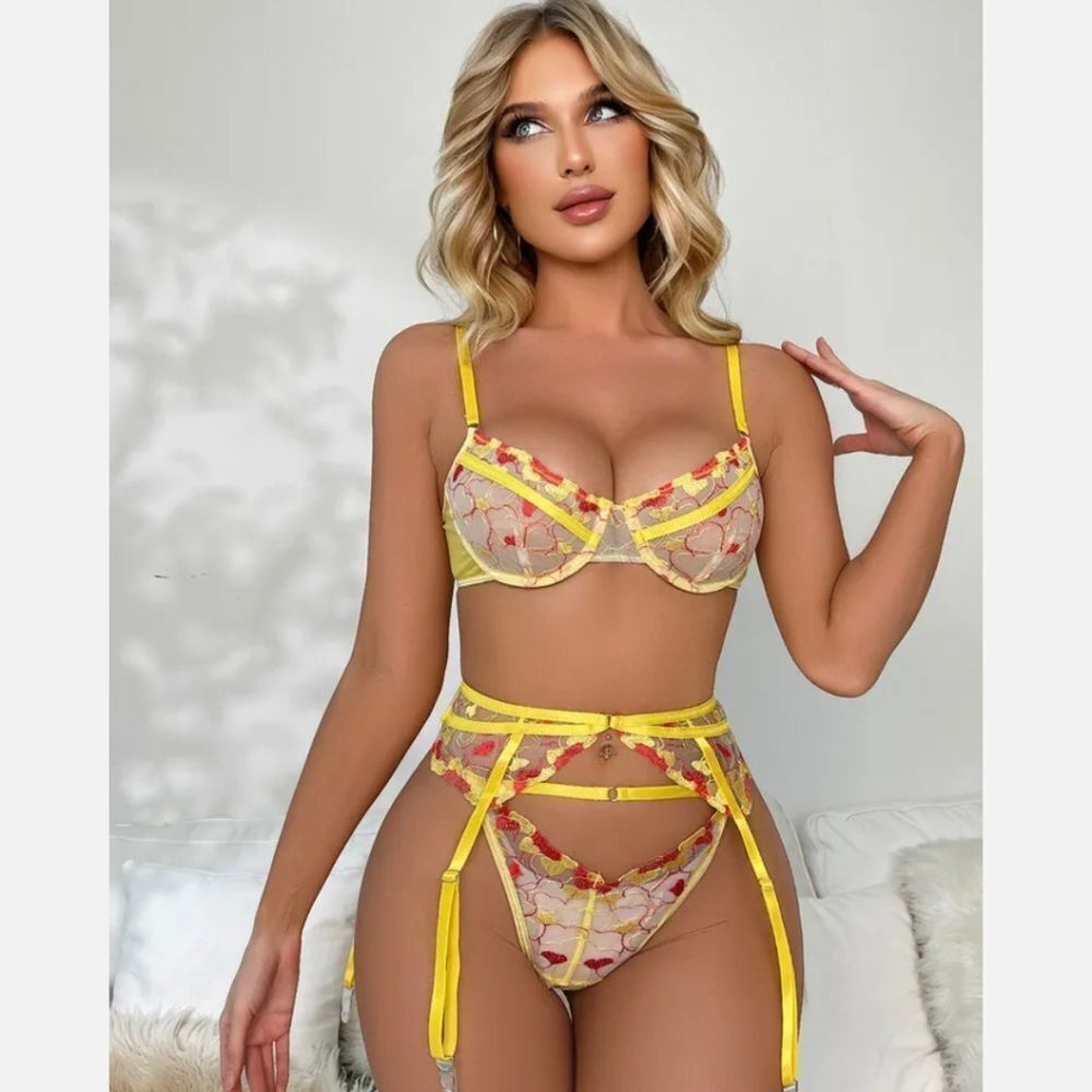 Yellow Underwear Bikini Sexy Lingerie Sling Neckline Transparent Bra Garter Set - Picture 4 of 7
